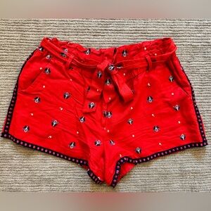 Ann Taylor Loft Women's Red Linen Blend Embroidered Waist Tie Shorts Petite M